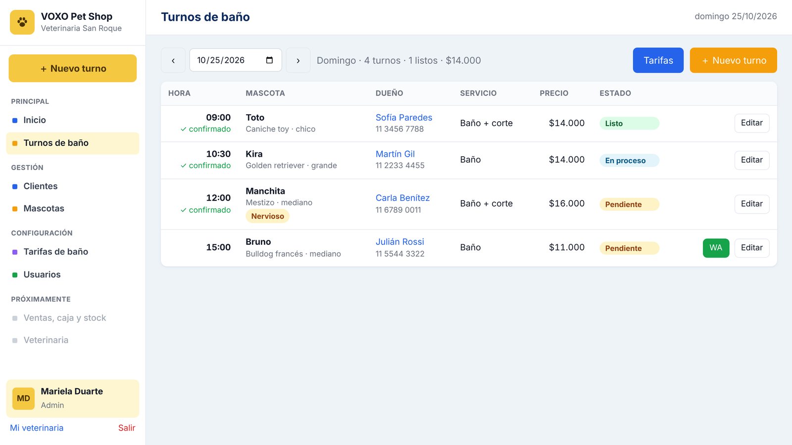 Pantalla de turnos de baño de VOXO con los turnos del día, precios y estados
